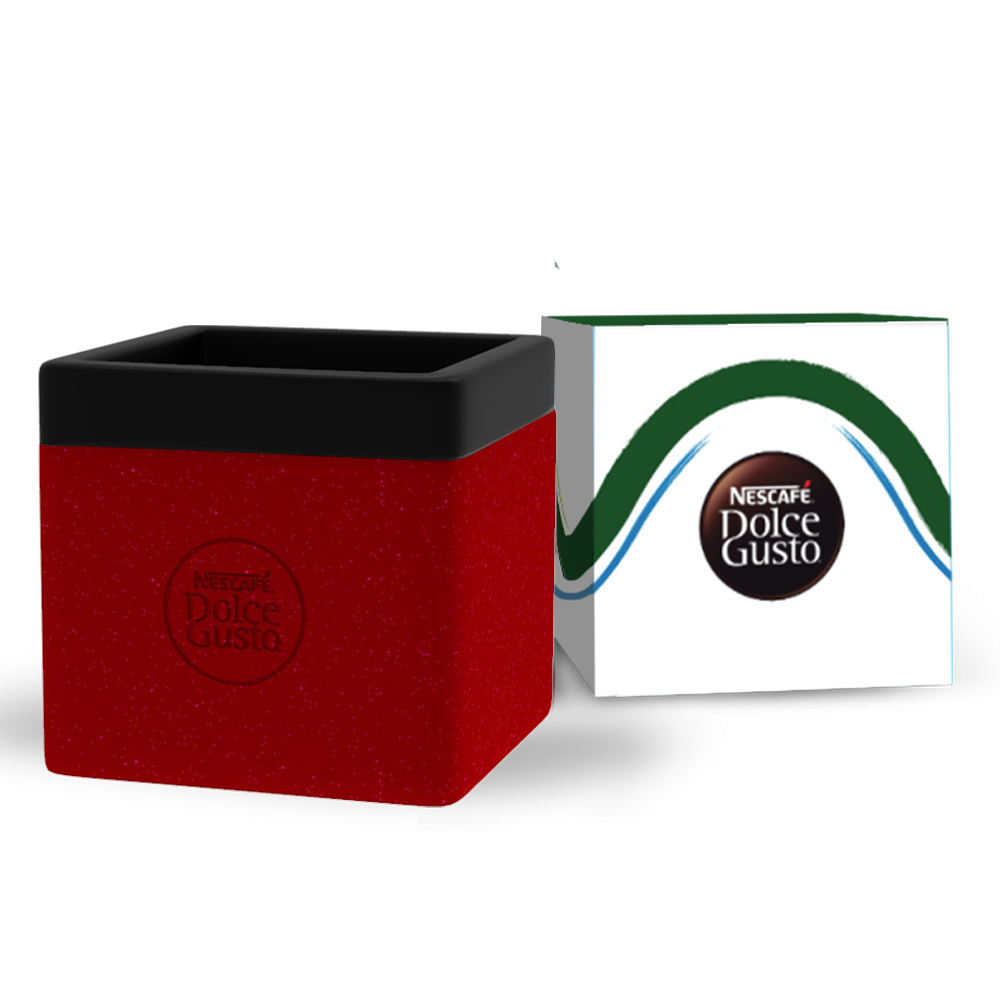 Sustainable red waste bin for capsules.