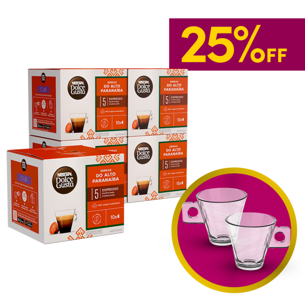COMBO 5X ESPRESSO SERRAS DO ALTO PARANAÍBA COM PAR DE XÍCARAS - 25% OFF