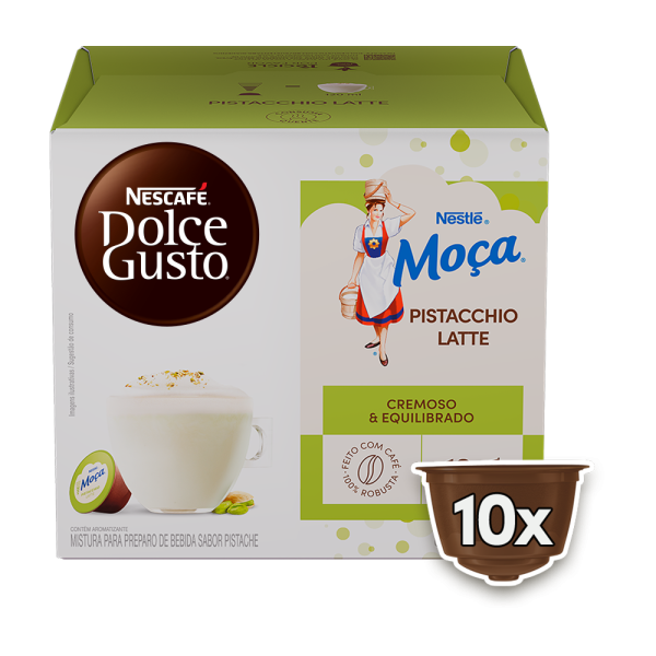 Front view of Moça Pistacchio Latte (10 pods) box