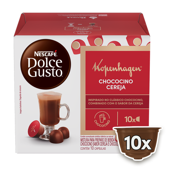 Front view of Kopenhagen Chococino Cereja (10 pods) box