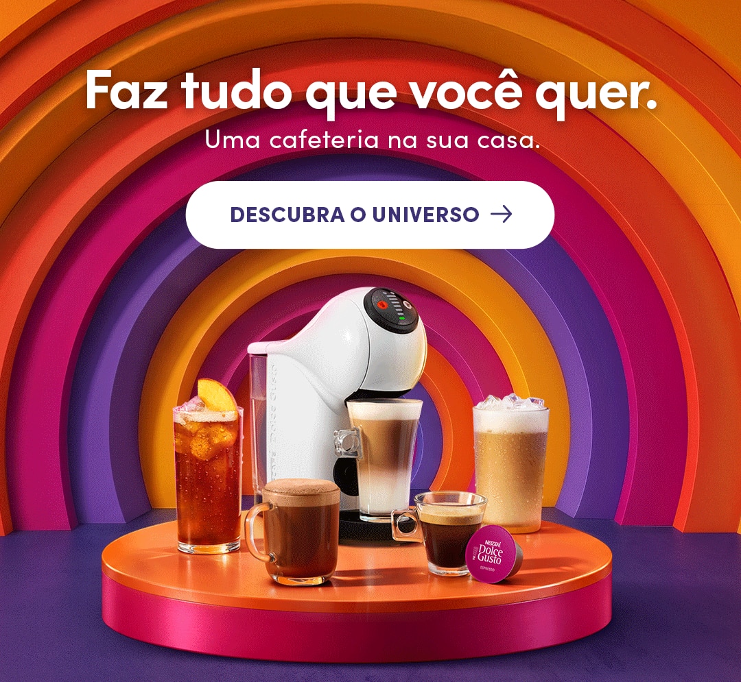 Descubra Nescafé Dolce Gusto e tenha uma cafeteria na sua casa! Banner da Nescafé Dolce Gusto com cafeteira de cápsulas branca, cápsula e diferentes bebidas quentes e geladas. Texto: “Faz tudo que você quer. Uma cafeteria na sua casa.