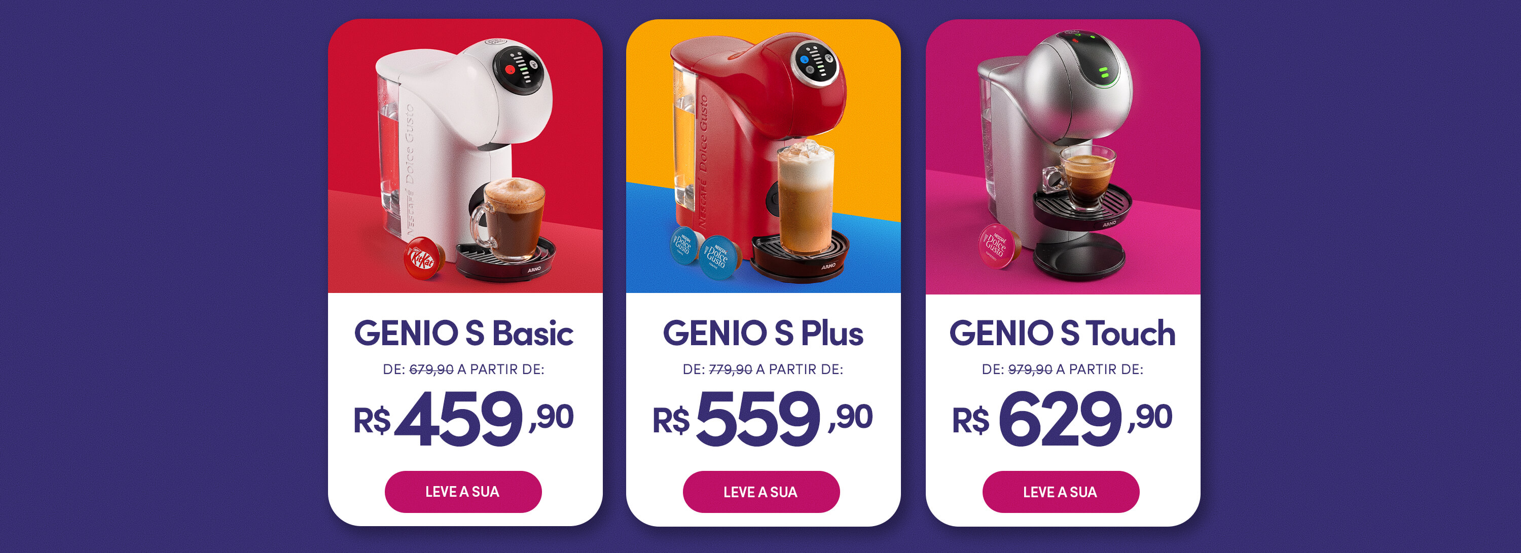 Banner promocional das m&aacute;quinas Nescaf&eacute; Dolce Gusto Genio S Basic e Genio S Plus com pre&ccedil;os promocionais, bebidas preparadas e destaque para a campanha de Dia dos Pais.