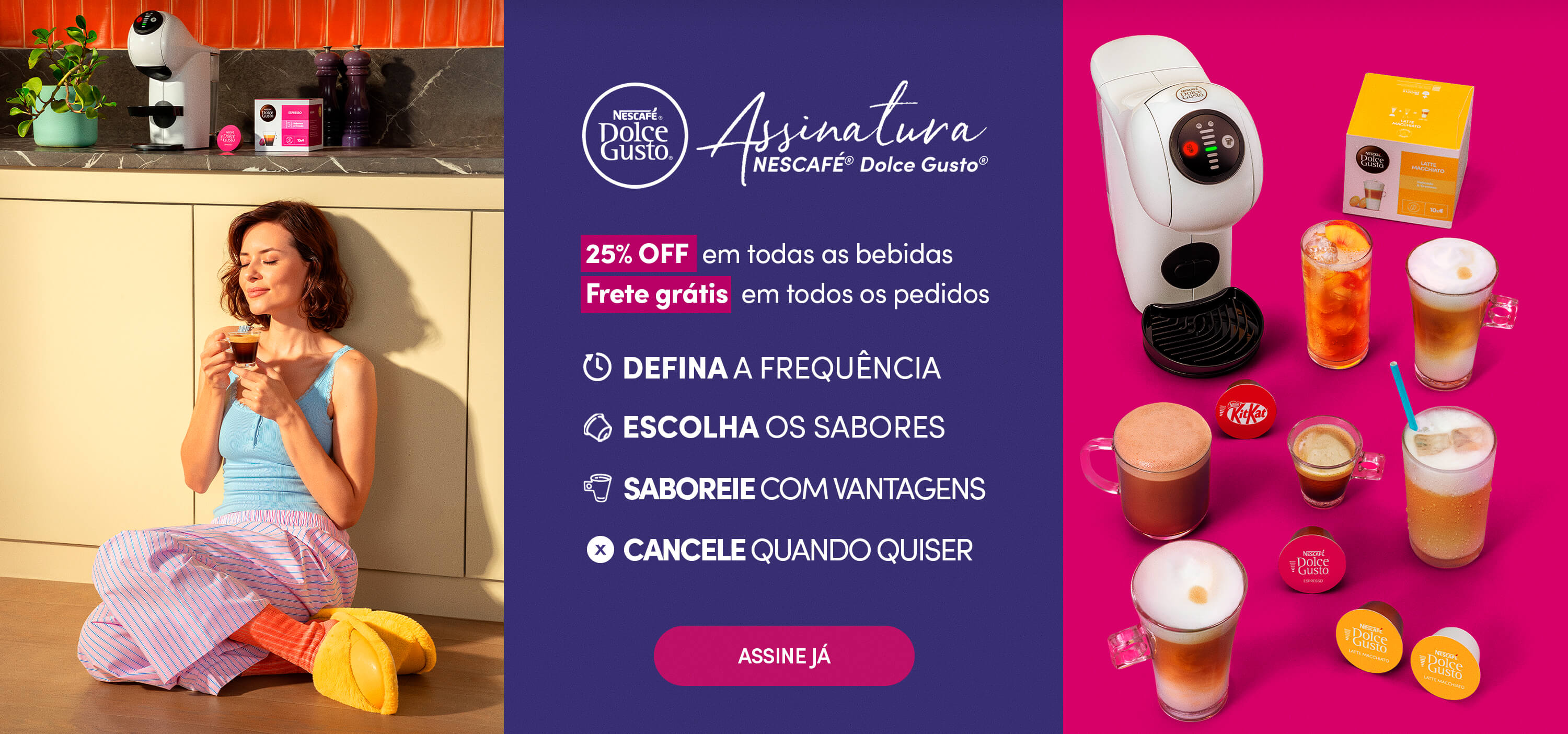 Banner Assinatura Nescaf&eacute; Dolce Gusto destacando o servi&ccedil;o de assinatura recorrente de c&aacute;psulas de caf&eacute;, permitindo escolher sabores, definir a frequ&ecirc;ncia de entrega e receber benef&iacute;cios exclusivos para abastecimento autom&aacute;tico.