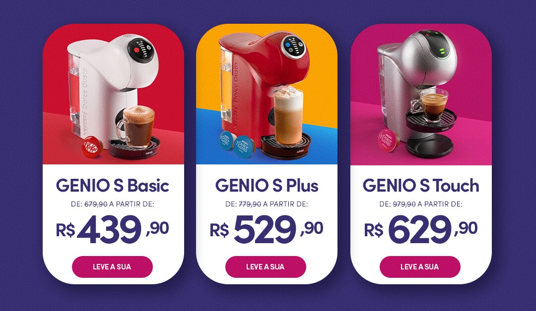 Banner promocional das m&aacute;quinas Nescaf&eacute; Dolce Gusto Genio S Basic e Genio S Plus com pre&ccedil;os promocionais, bebidas preparadas e destaque para a campanha de Dia dos Pais.