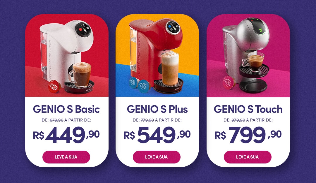 Banner promocional das m&aacute;quinas Nescaf&eacute; Dolce Gusto Genio S Basic e Genio S Plus com pre&ccedil;os promocionais, bebidas preparadas e destaque para a campanha de Dia dos Pais.