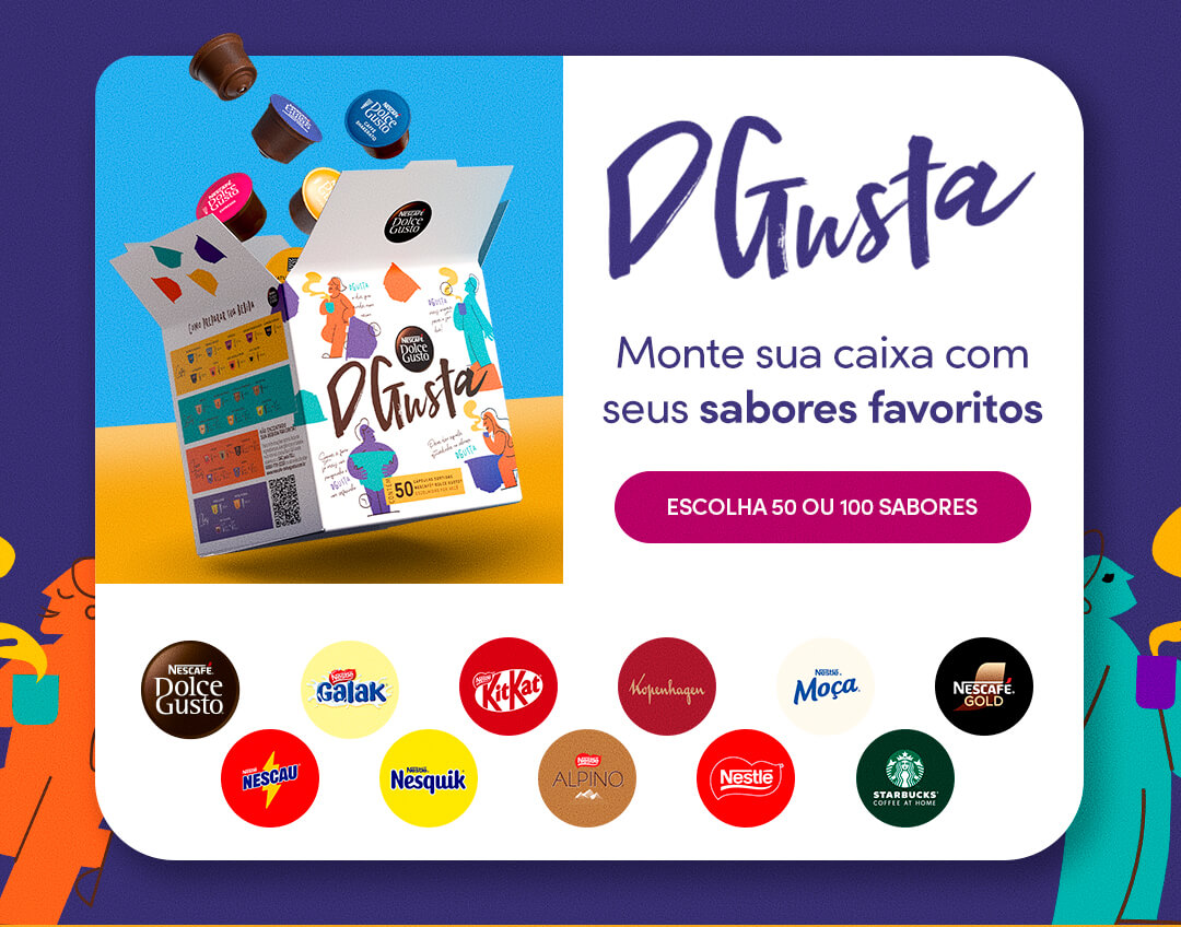 Banner Nescaf&eacute; Dolce Gusto destacando a personaliza&ccedil;&atilde;o de c&aacute;psulas DGusta monte do seu jeito com fotos e mensagens exclusivas, incluindo o lan&ccedil;amento Chococino Cereja Kopenhagen como op&ccedil;&atilde;o de presente e experi&ecirc;ncia personalizada