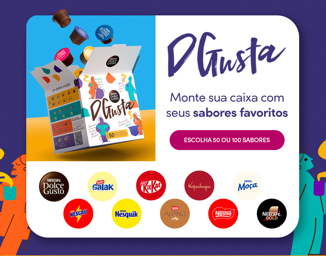 Banner Nescaf&eacute; Dolce Gusto destacando a personaliza&ccedil;&atilde;o de c&aacute;psulas DGusta monte do seu jeito com fotos e mensagens exclusivas, incluindo o lan&ccedil;amento Chococino Cereja Kopenhagen como op&ccedil;&atilde;o de presente e experi&ecirc;ncia personalizada