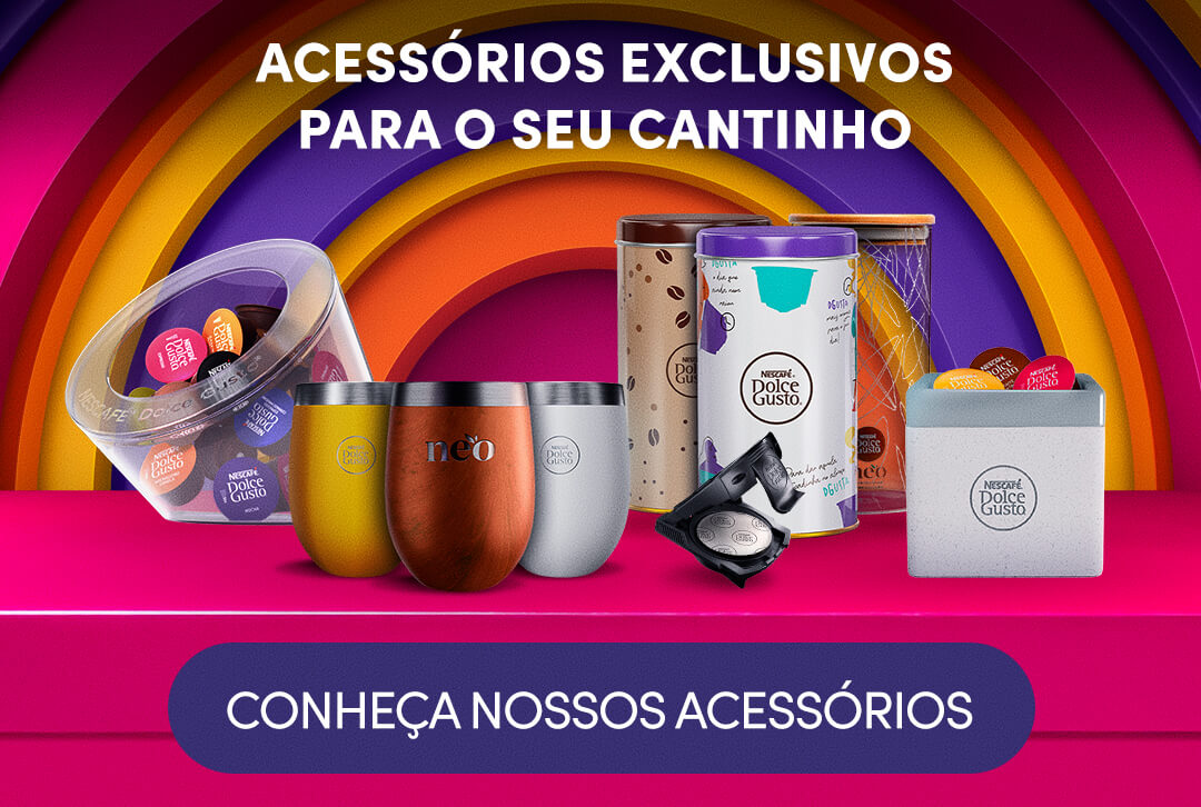 Banner da cole&ccedil;&atilde;o de acess&oacute;rios Nescaf&eacute; Dolce Gusto com porta c&aacute;psulas, copos t&eacute;rmicos, recipientes organizadores e itens para armazenamento de c&aacute;psulas de caf&eacute;. Produtos desenvolvidos para organizar, servir e aprimorar a experi&ecirc;ncia com caf&eacute;s e bebidas D