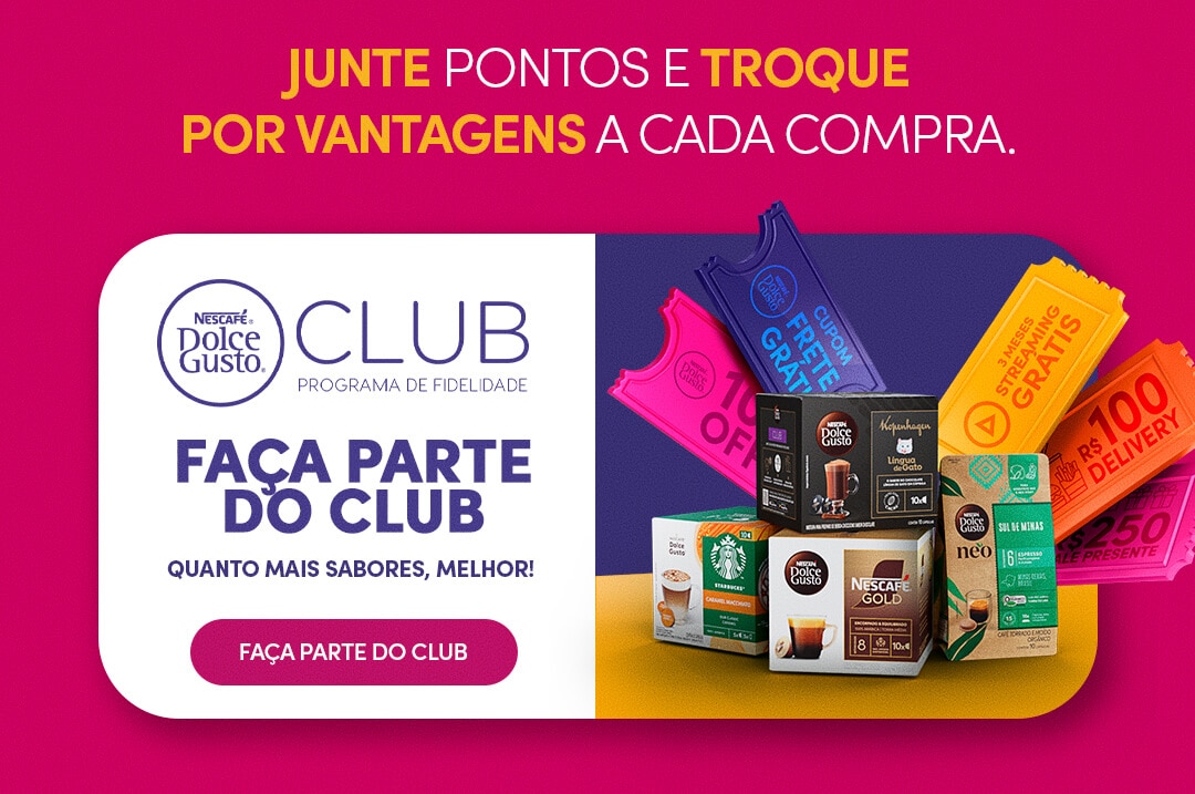 Banner do programa de fidelidade Nescaf&eacute; Dolce Gusto Club, onde consumidores acumulam pontos em compras de c&aacute;psulas de caf&eacute;, cafeteiras e acess&oacute;rios para trocar por produtos, descontos, frete gr&aacute;tis e vantagens exclusivas.