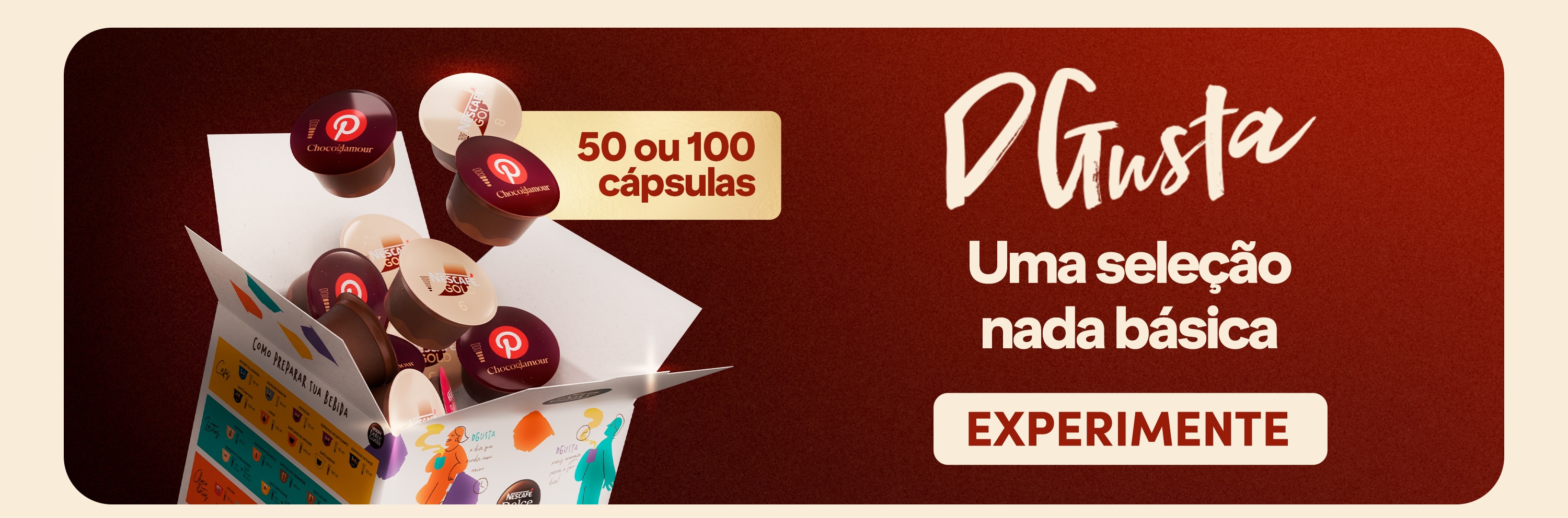 Banner Nescaf&eacute; Dolce Gusto destacando a personaliza&ccedil;&atilde;o de c&aacute;psulas DGusta monte do seu jeito com fotos e mensagens exclusivas, incluindo o lan&ccedil;amento Chococino Cereja Kopenhagen como op&ccedil;&atilde;o de presente e experi&ecirc;ncia personalizada