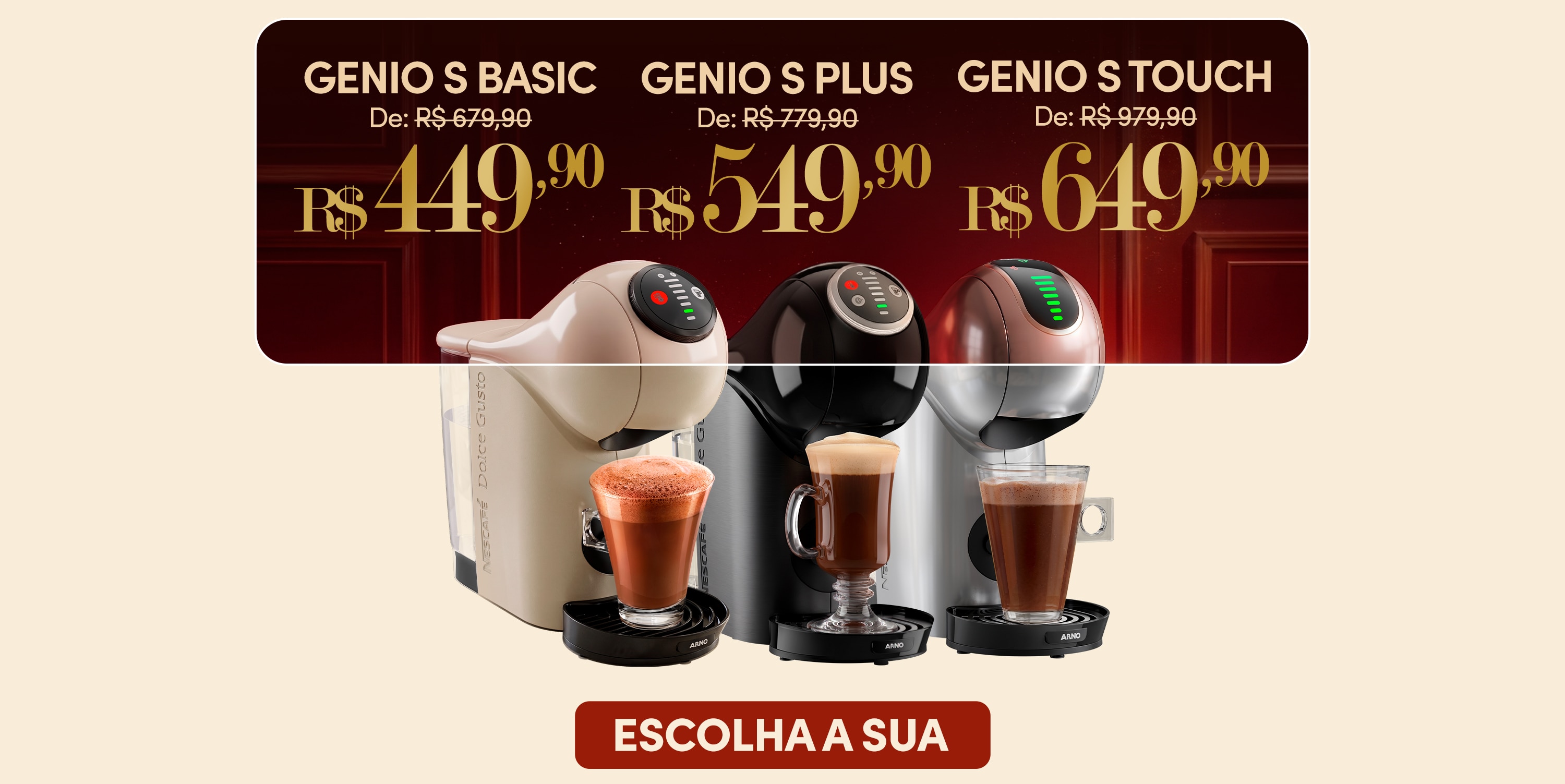 Banner promocional das m&aacute;quinas Nescaf&eacute; Dolce Gusto Genio S Basic e Genio S Plus com pre&ccedil;os promocionais, bebidas preparadas e destaque para a campanha de Dia dos Pais.