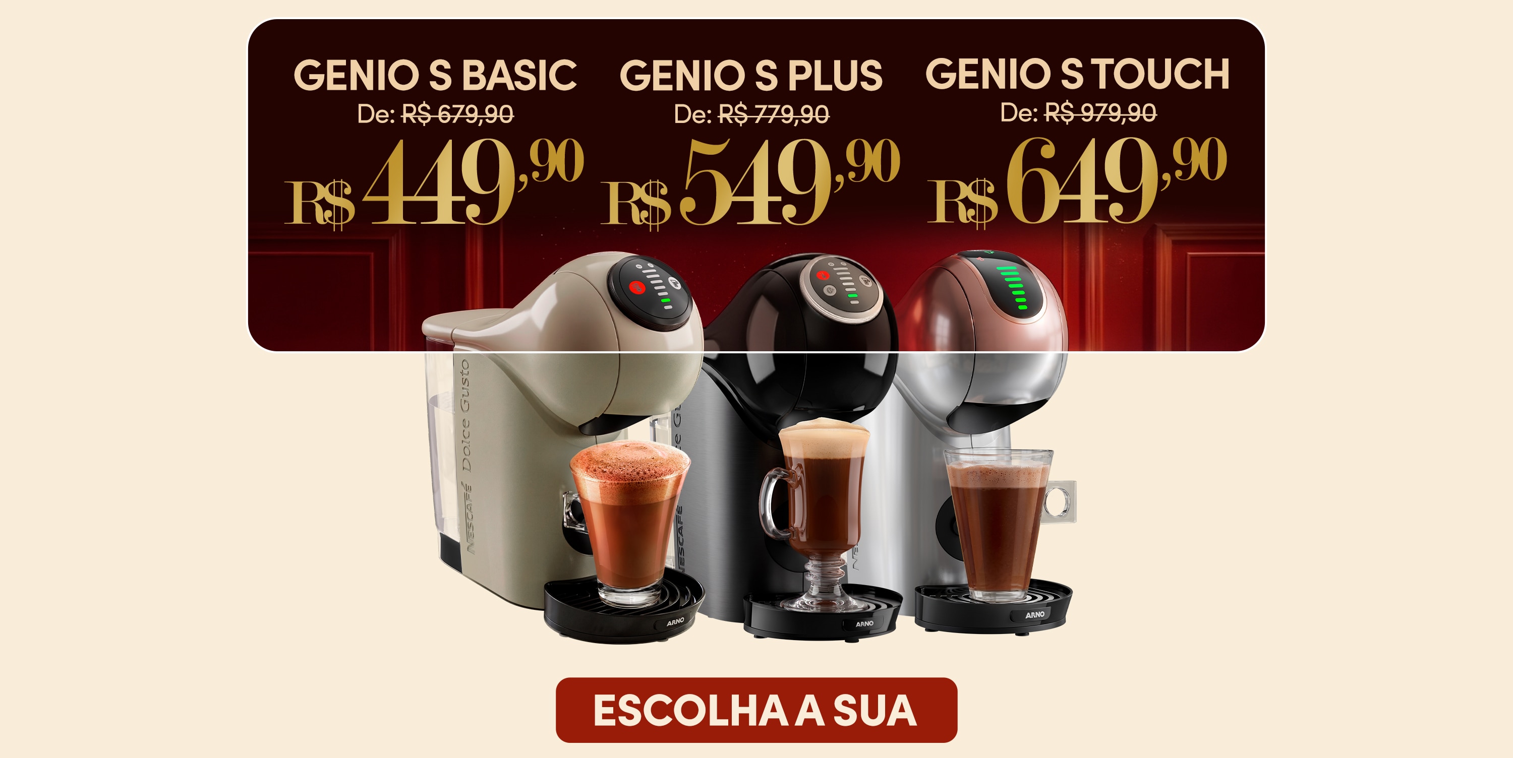 Banner promocional das m&aacute;quinas Nescaf&eacute; Dolce Gusto Genio S Basic e Genio S Plus com pre&ccedil;os promocionais, bebidas preparadas e destaque para a campanha de Dia dos Pais.