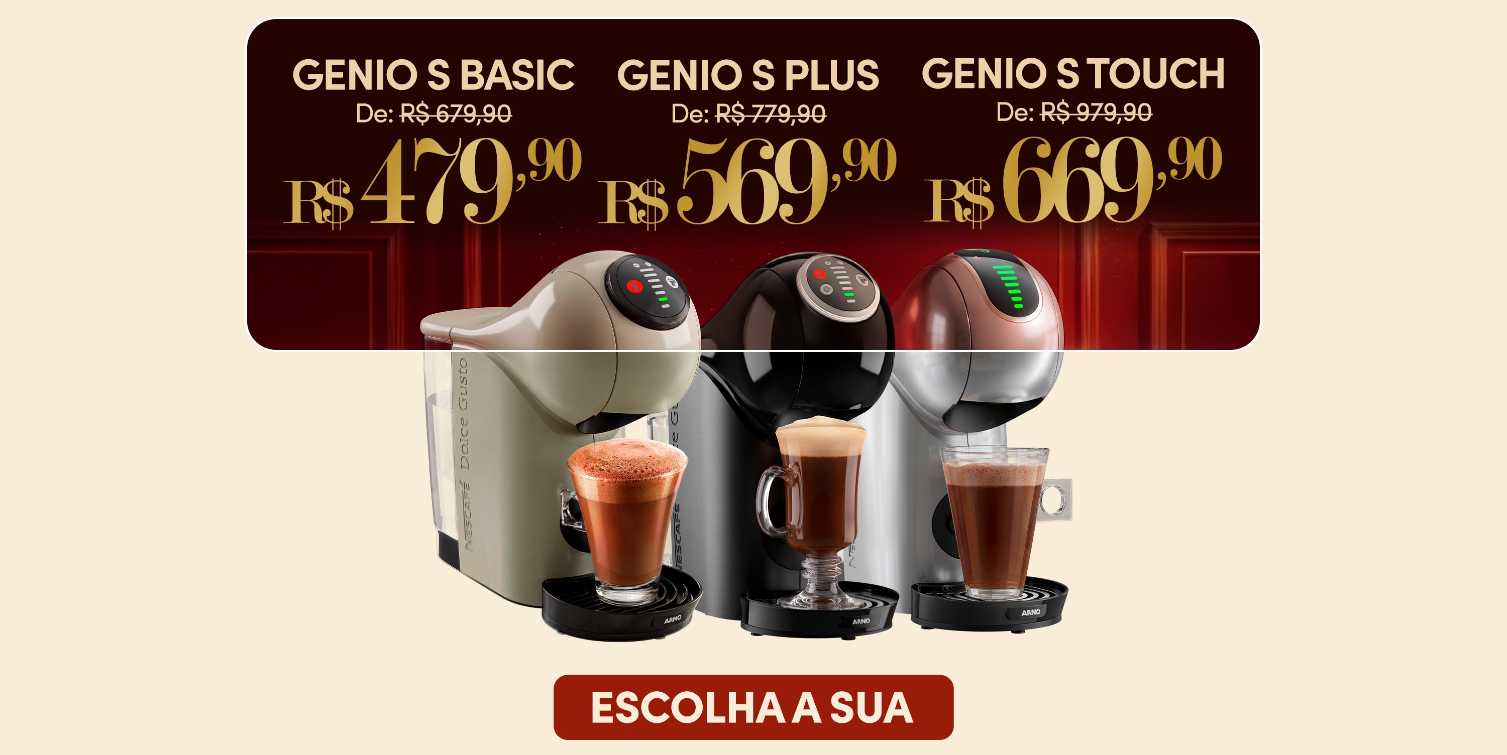 Banner promocional das m&aacute;quinas Nescaf&eacute; Dolce Gusto Genio S Basic e Genio S Plus com pre&ccedil;os promocionais, bebidas preparadas e destaque para a campanha de Dia dos Pais.