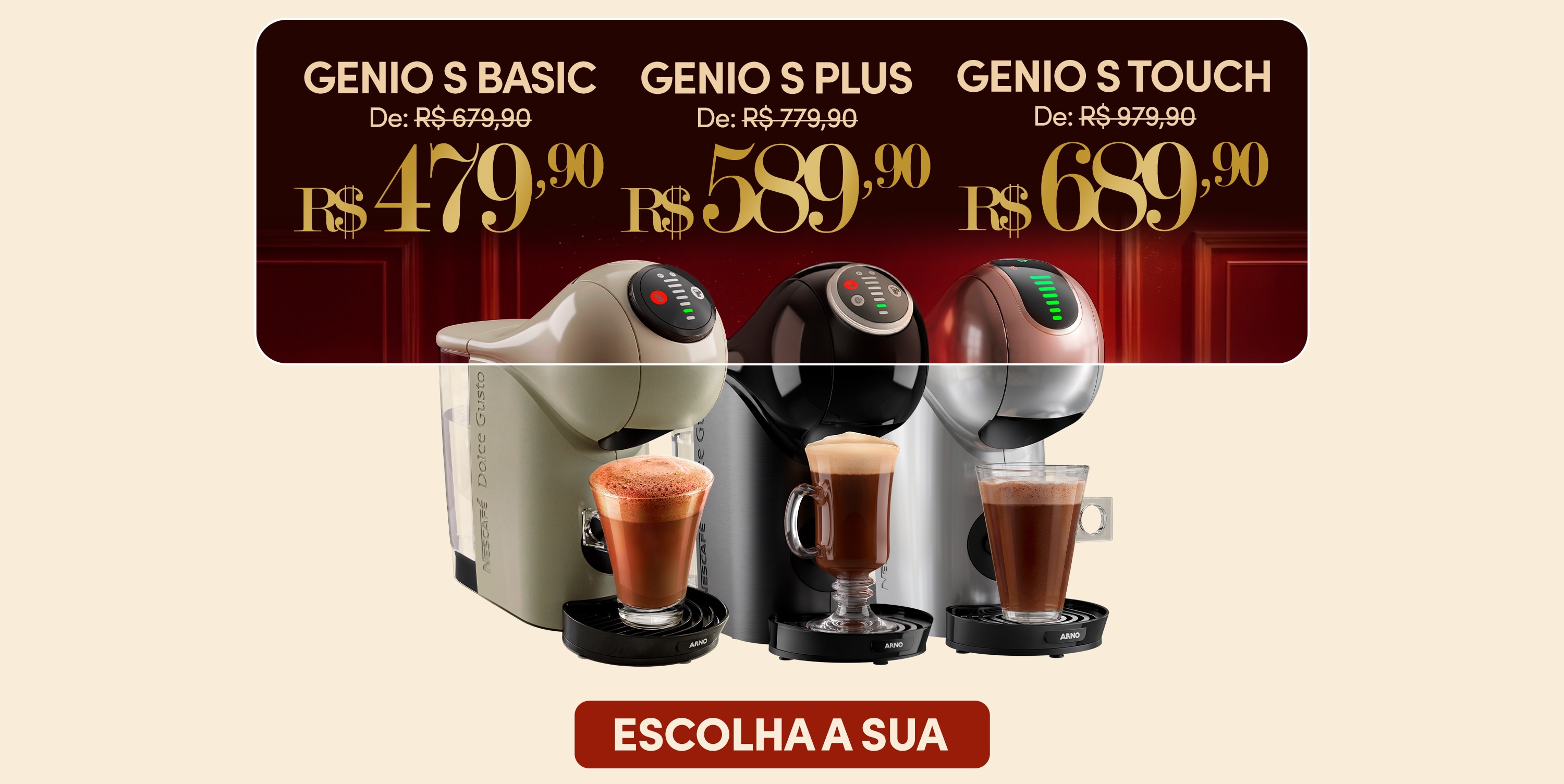Banner promocional das m&aacute;quinas Nescaf&eacute; Dolce Gusto Genio S Basic e Genio S Plus com pre&ccedil;os promocionais, bebidas preparadas e destaque para a campanha de Dia dos Pais.