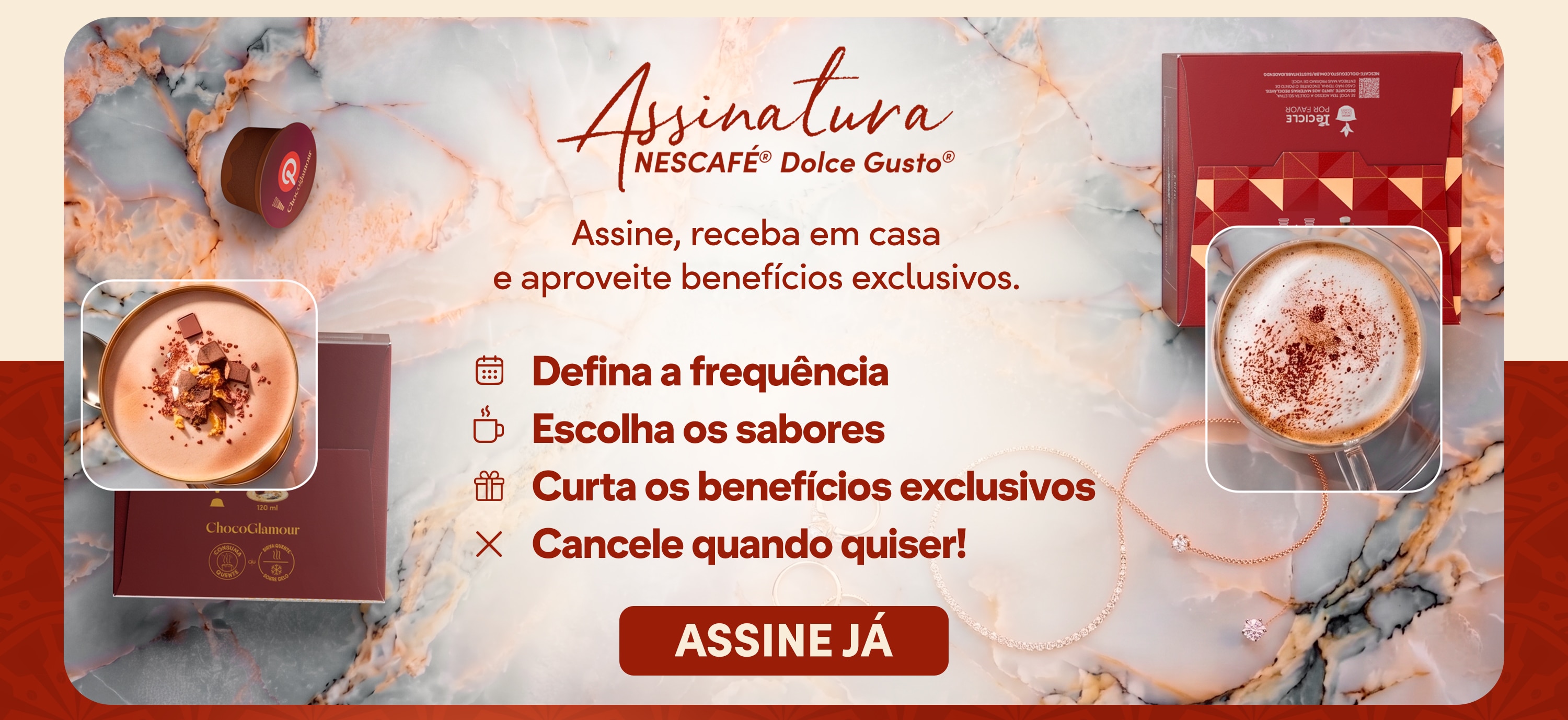 Banner Assinatura Nescaf&eacute; Dolce Gusto destacando o servi&ccedil;o de assinatura recorrente de c&aacute;psulas de caf&eacute;, permitindo escolher sabores, definir a frequ&ecirc;ncia de entrega e receber benef&iacute;cios exclusivos para abastecimento autom&aacute;tico.