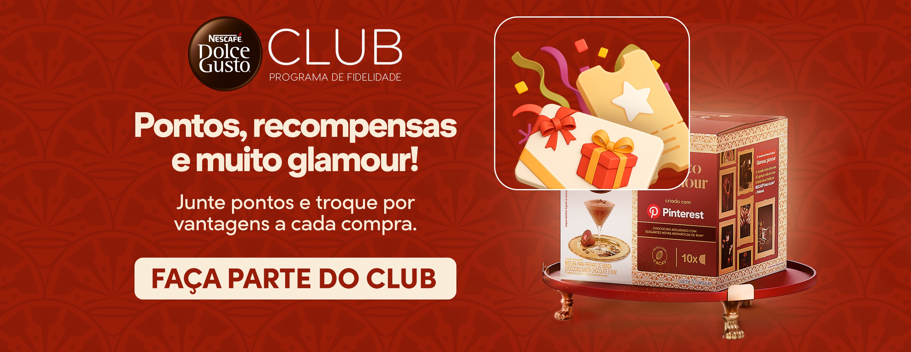 Banner do programa de fidelidade Nescaf&eacute; Dolce Gusto Club, onde consumidores acumulam pontos em compras de c&aacute;psulas de caf&eacute;, cafeteiras e acess&oacute;rios para trocar por produtos, descontos, frete gr&aacute;tis e vantagens exclusivas.