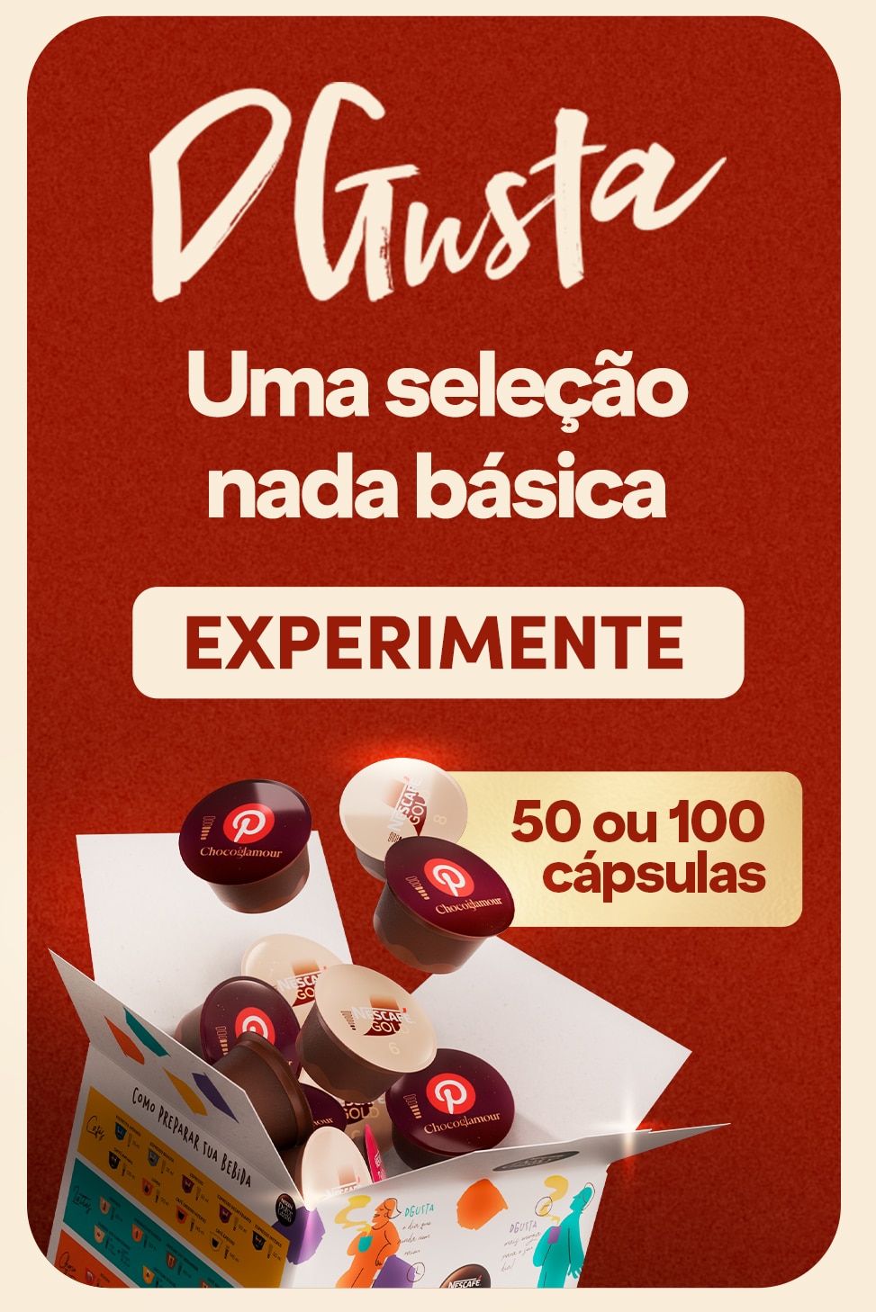 Banner Nescaf&eacute; Dolce Gusto destacando a personaliza&ccedil;&atilde;o de c&aacute;psulas DGusta monte do seu jeito com fotos e mensagens exclusivas, incluindo o lan&ccedil;amento Chococino Cereja Kopenhagen como op&ccedil;&atilde;o de presente e experi&ecirc;ncia personalizada