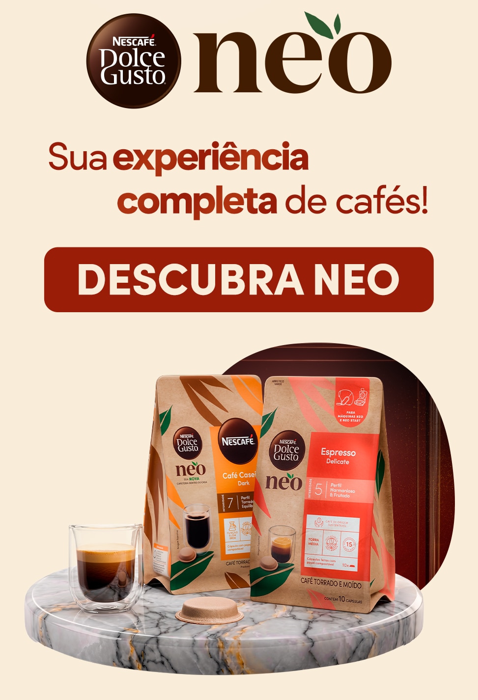 Banner Nescaf&eacute; Dolce Gusto Neo destacando caf&eacute;s especiais em c&aacute;psulas &agrave; base de papel compost&aacute;vel, com op&ccedil;&otilde;es como Americano e Espresso Alto Parana&iacute;ba para uma experi&ecirc;ncia de caf&eacute; de alta qualidade e menor impacto ambiental e sustent&aacute;vel.