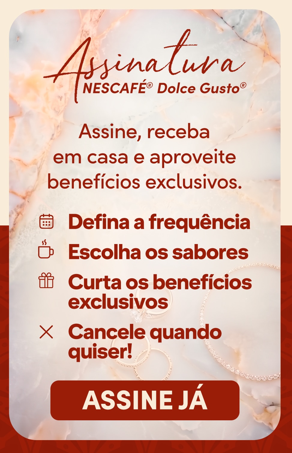 Banner Assinatura Nescaf&eacute; Dolce Gusto destacando o servi&ccedil;o de assinatura recorrente de c&aacute;psulas de caf&eacute;, permitindo escolher sabores, definir a frequ&ecirc;ncia de entrega e receber benef&iacute;cios exclusivos para abastecimento autom&aacute;tico.
