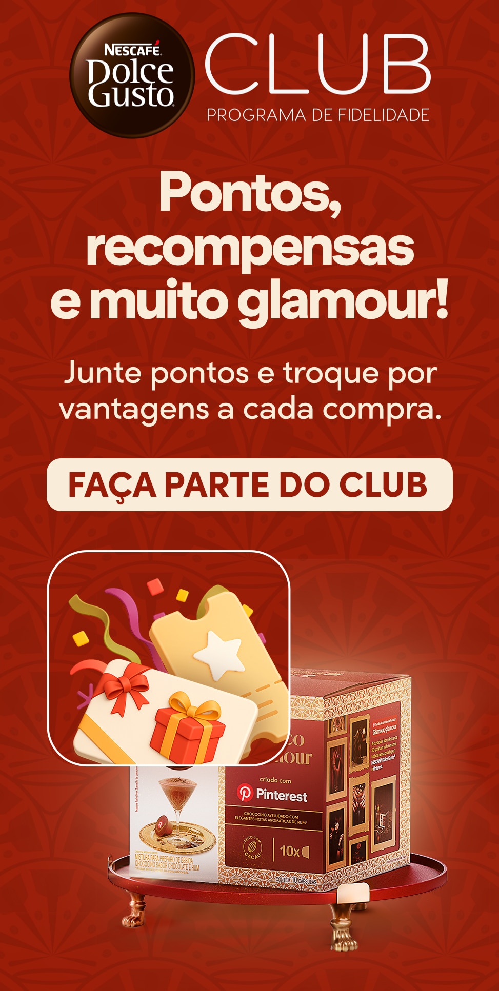 Banner do programa de fidelidade Nescaf&eacute; Dolce Gusto Club, onde consumidores acumulam pontos em compras de c&aacute;psulas de caf&eacute;, cafeteiras e acess&oacute;rios para trocar por produtos, descontos, frete gr&aacute;tis e vantagens exclusivas.