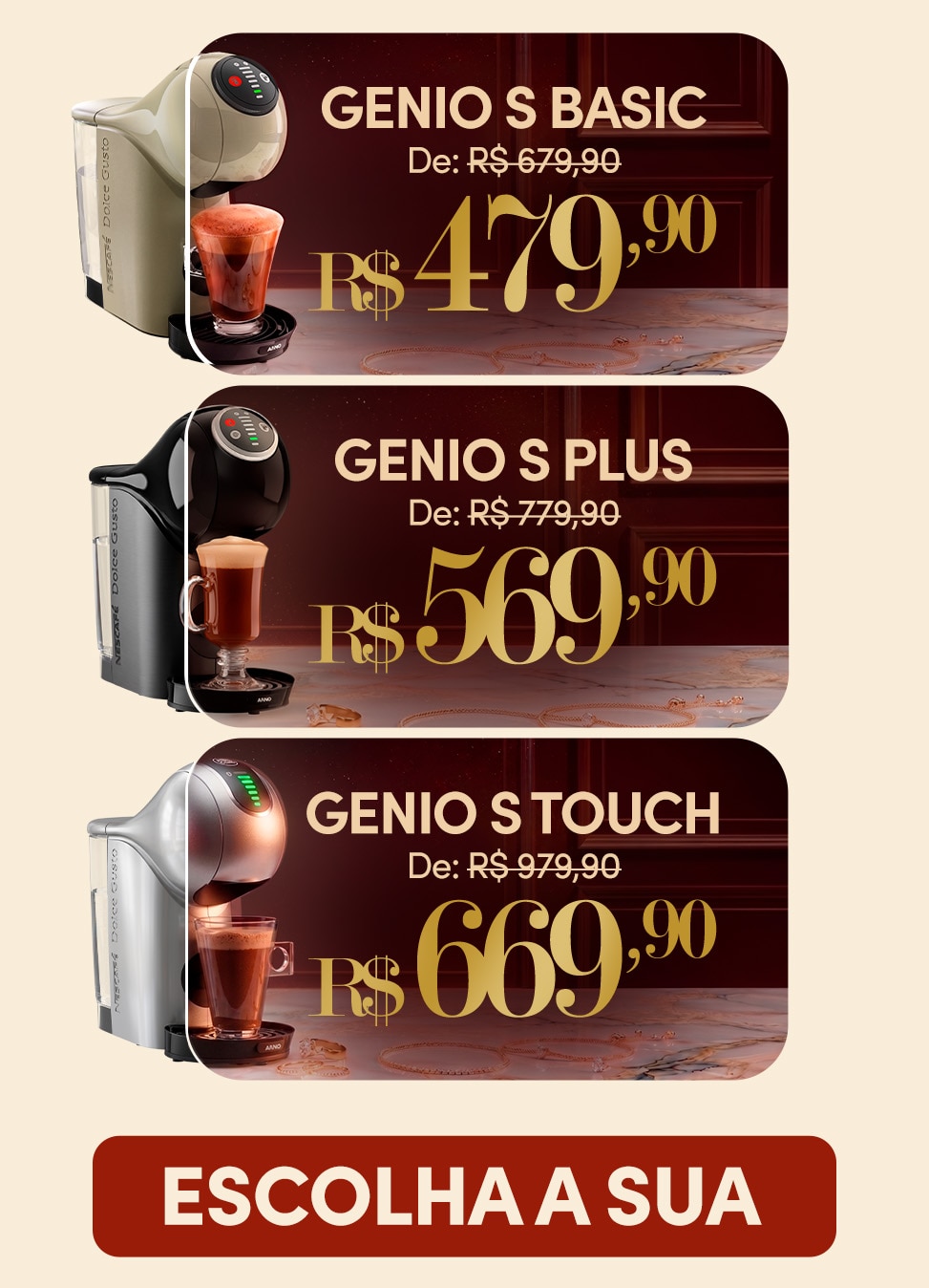 Banner promocional das m&aacute;quinas Nescaf&eacute; Dolce Gusto Genio S Basic e Genio S Plus com pre&ccedil;os promocionais, bebidas preparadas e destaque para a campanha de Dia dos Pais.
