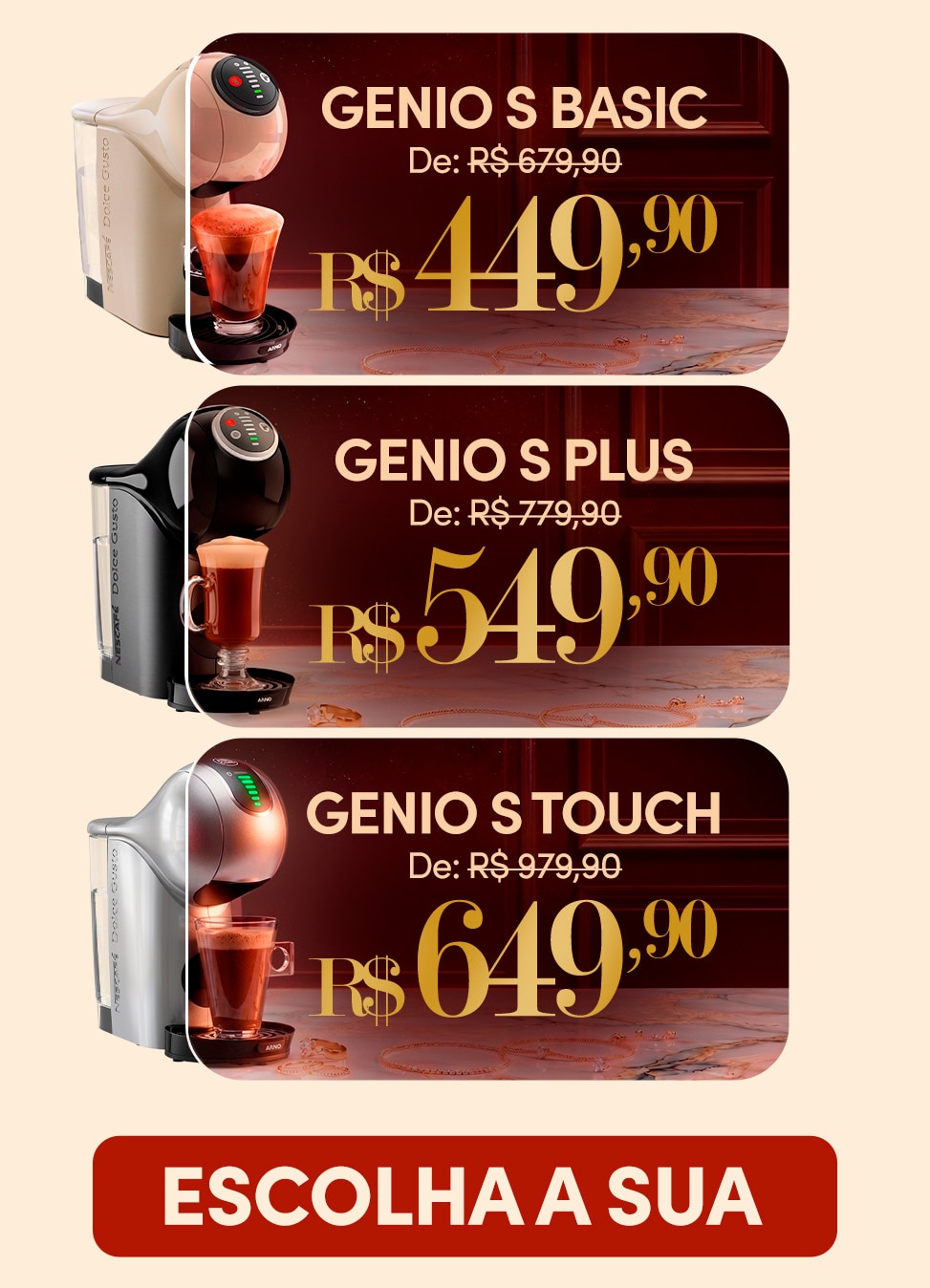 Banner promocional das m&aacute;quinas Nescaf&eacute; Dolce Gusto Genio S Basic e Genio S Plus com pre&ccedil;os promocionais, bebidas preparadas e destaque para a campanha de Dia dos Pais.