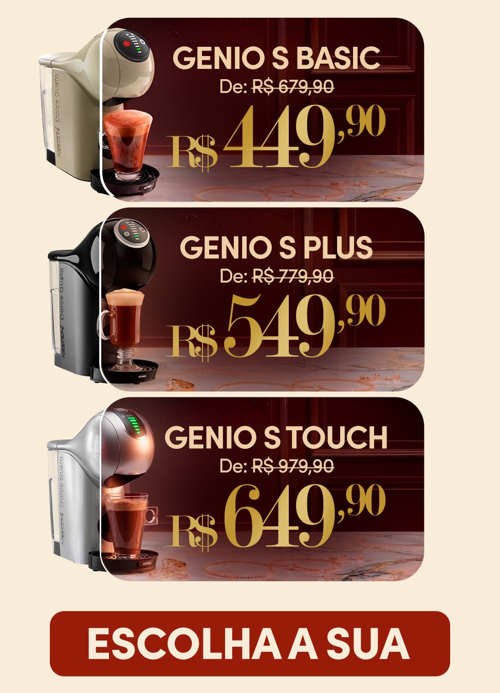 Banner promocional das m&aacute;quinas Nescaf&eacute; Dolce Gusto Genio S Basic e Genio S Plus com pre&ccedil;os promocionais, bebidas preparadas e destaque para a campanha de Dia dos Pais.