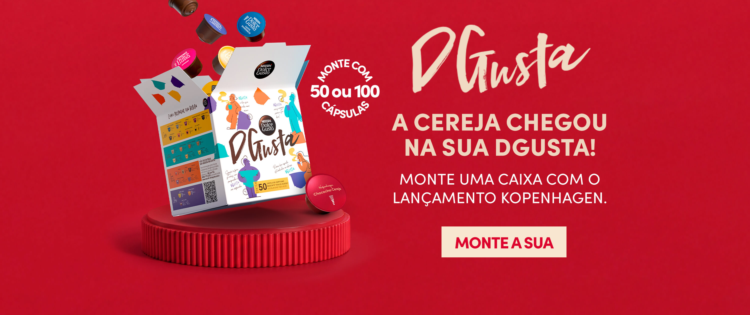 Banner da caixa personalizada DGusta permitindo montar uma sele&ccedil;&atilde;o com 50 ou 100 c&aacute;psulas Nescaf&eacute; Dolce Gusto escolhidas pelo consumidor.