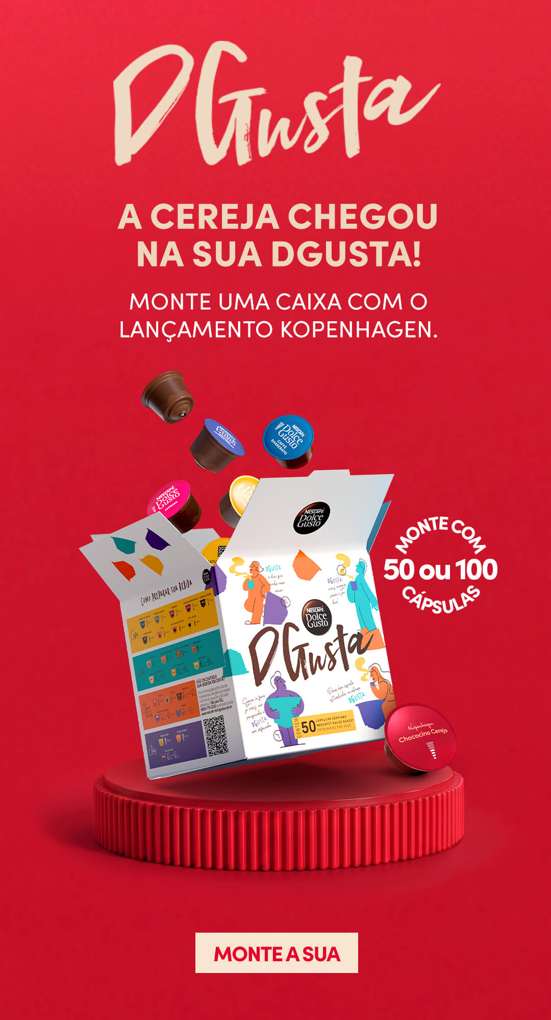 Banner da caixa personalizada DGusta permitindo montar uma sele&ccedil;&atilde;o com 50 ou 100 c&aacute;psulas Nescaf&eacute; Dolce Gusto escolhidas pelo consumidor.
