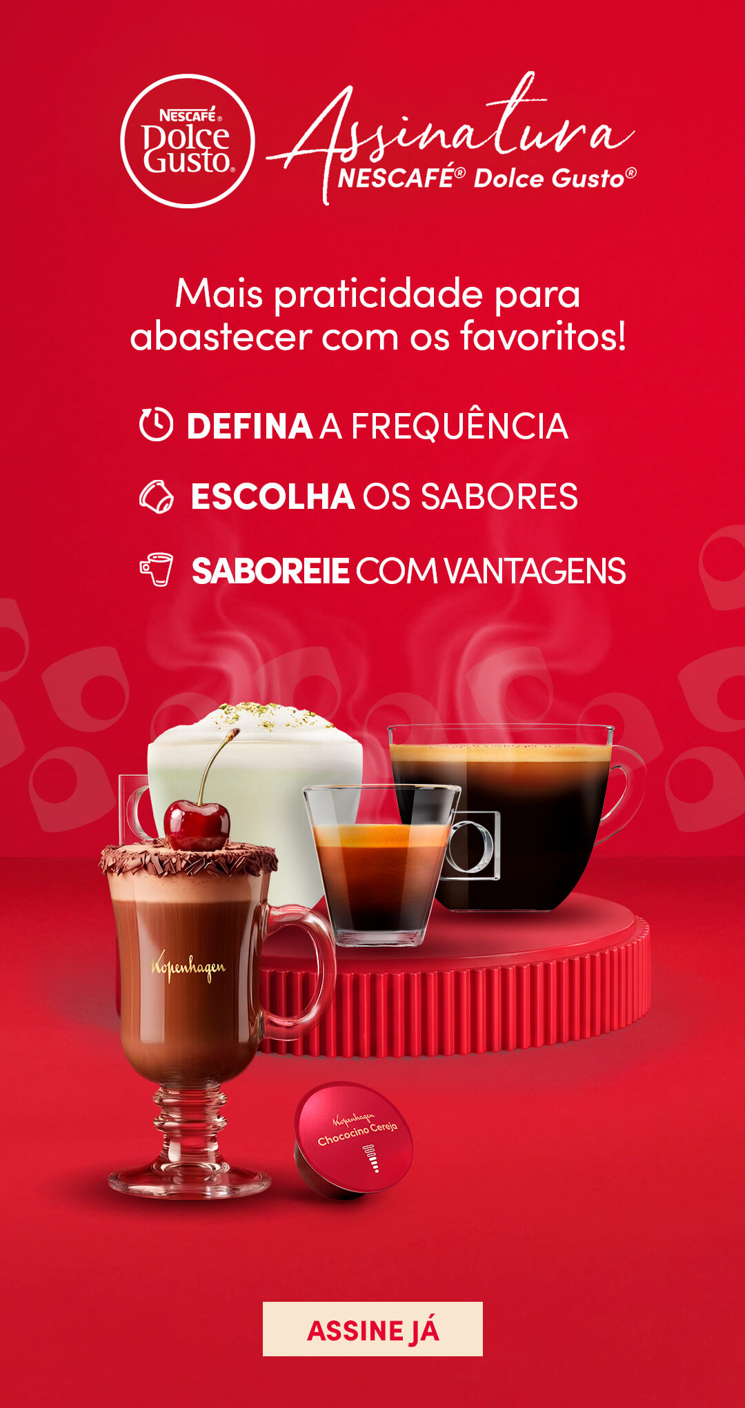 Banner da assinatura Nescaf&eacute; Dolce Gusto apresentando bebidas, benef&iacute;cios do servi&ccedil;o recorrente e personaliza&ccedil;&atilde;o da frequ&ecirc;ncia de entrega das c&aacute;psulas.