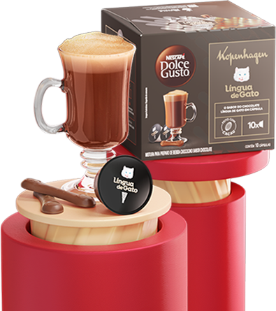 Caixa de cápsulas e xícara de café língua de gato